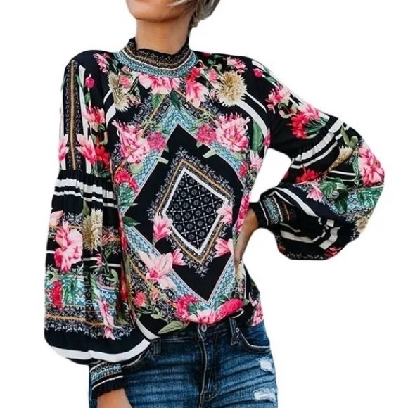 Jealous Tomato Tops - Jealous Tomato Long Sleeve Bright Printed Blouse Balloon Sleeve Chic Stylish